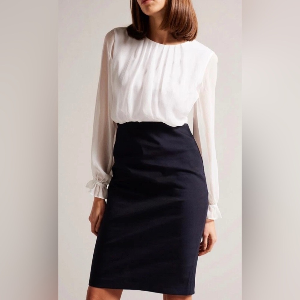 Ted Baker Lizzata Dark Navy and White Pencil Skirted Dress with chiffon blouse.